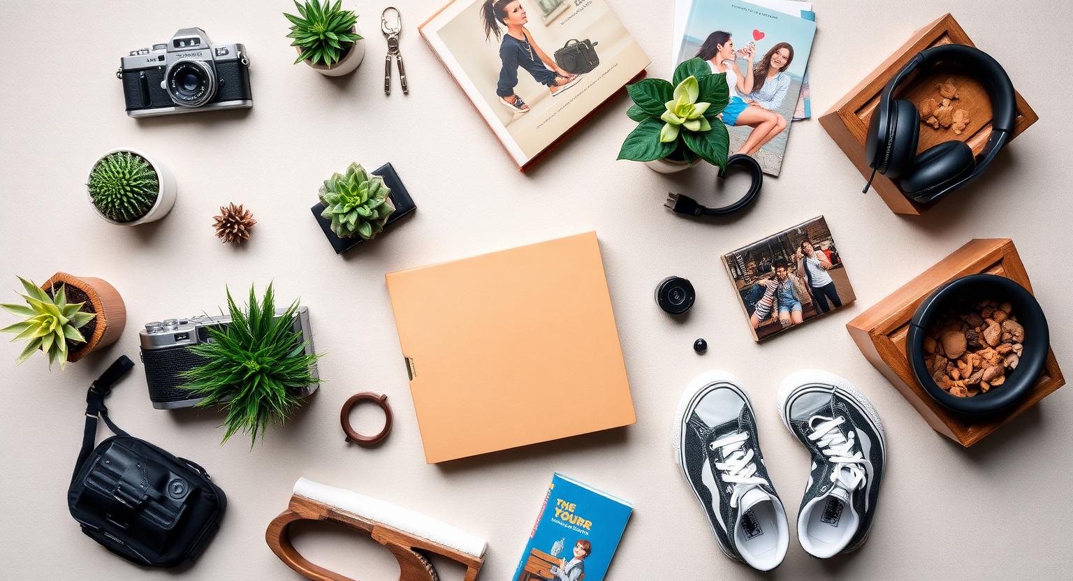 Overhead flat lay of popular resale marketplace items — camera, headphones, sneakers, plants and books.