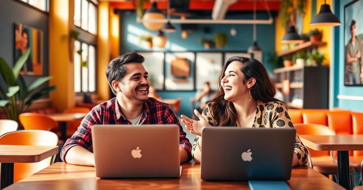 Two friends laughing at a colourful coworking café in Bengaluru with laptops open.