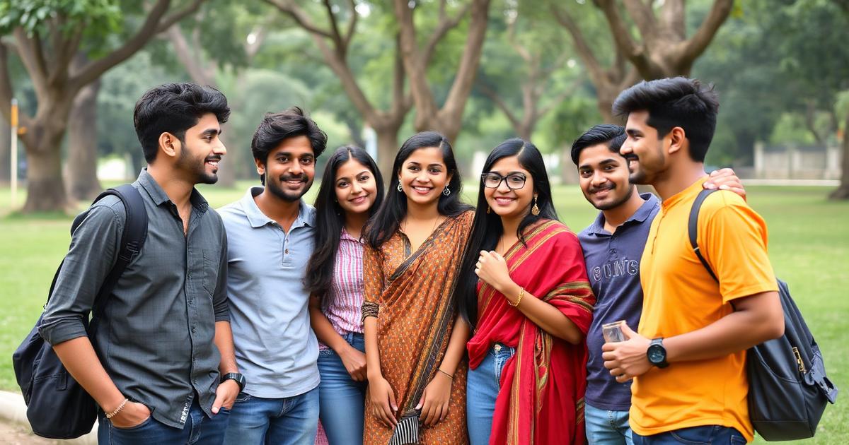 A diverse group of young adults meeting for the first time in a park in India.