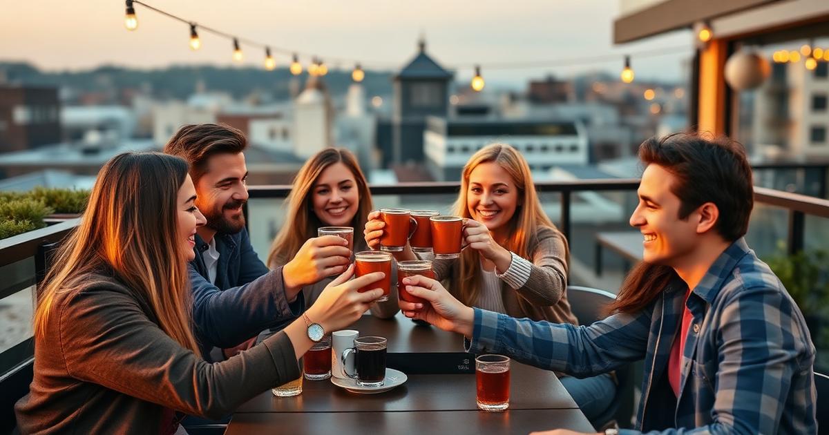 A group of adults in their thirties clinking coffee mugs at a rooftop café at sunset.