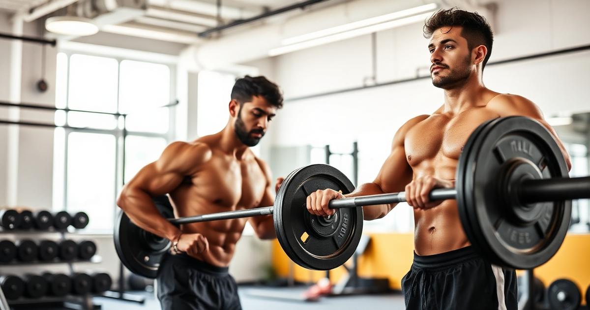 Two workout partners racking a barbell together in a bright Mumbai gym.