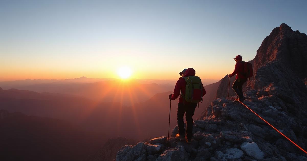 Two trekkers with backpacks on a Himalayan ridge at sunrise.
