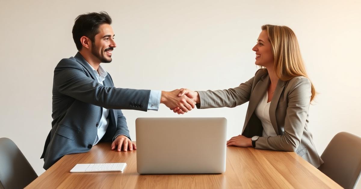 A freelancer and client shaking hands across a table with a laptop between them.
