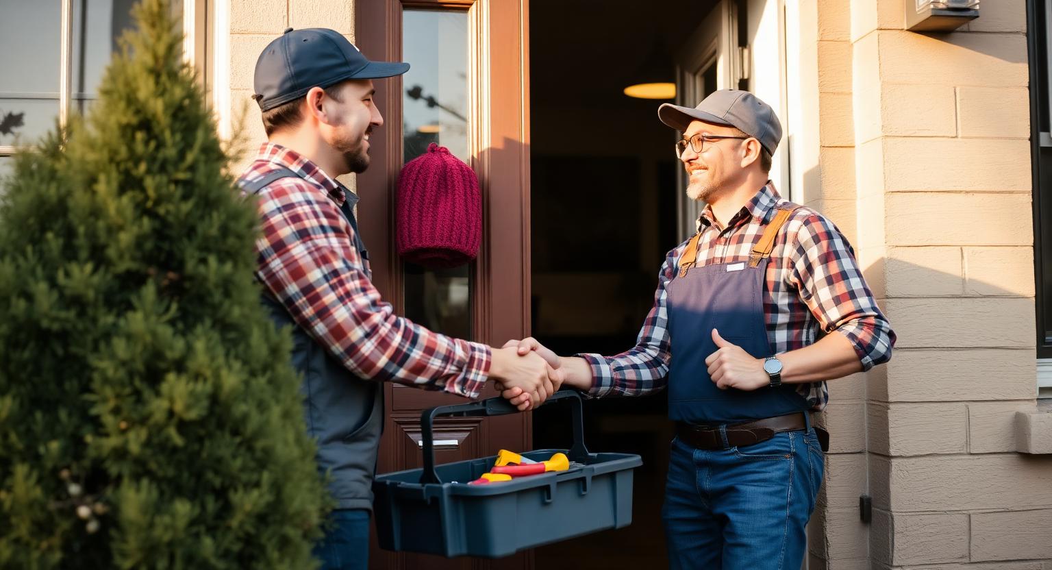 A friendly handyman with a toolbox shaking hands with a homeowner at the front door.