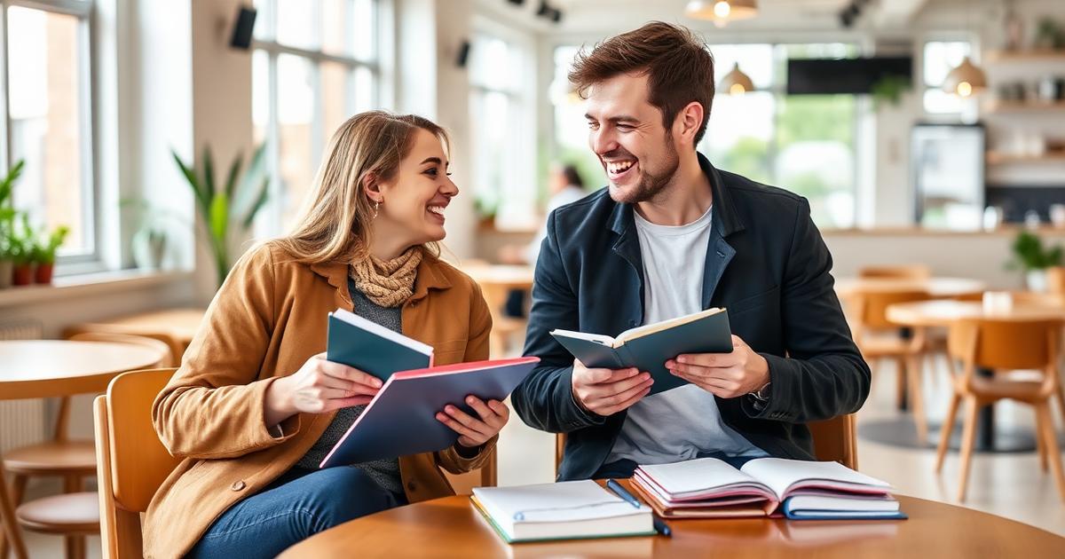 Two people practising language exchange over notebooks in a bright café.
