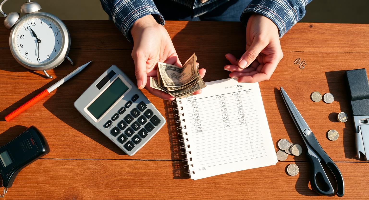 Overhead view of hands with cash, calculator and notebook estimating a fair local task price.