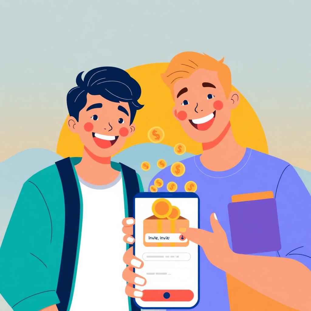 Two friends smiling with a phone showing an invite link and coins flying into a wallet.