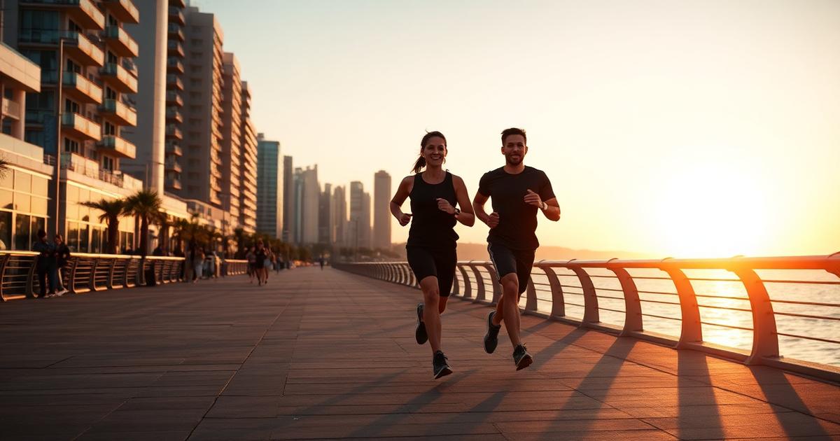 Two runners jogging together along a city promenade at sunrise.
