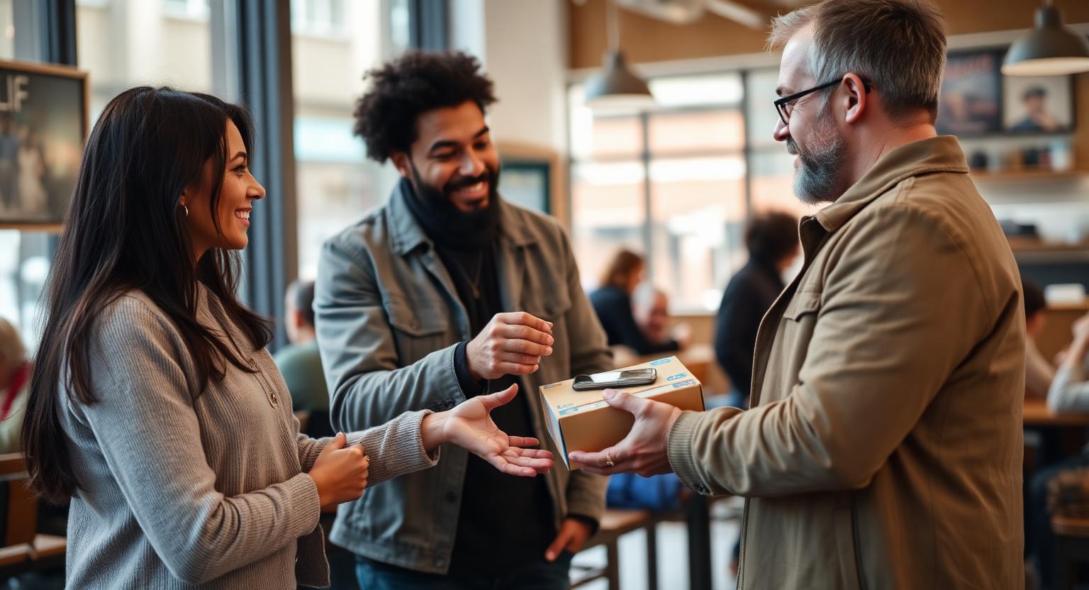 A buyer and seller meeting safely in a bright public cafe to hand over a boxed item.