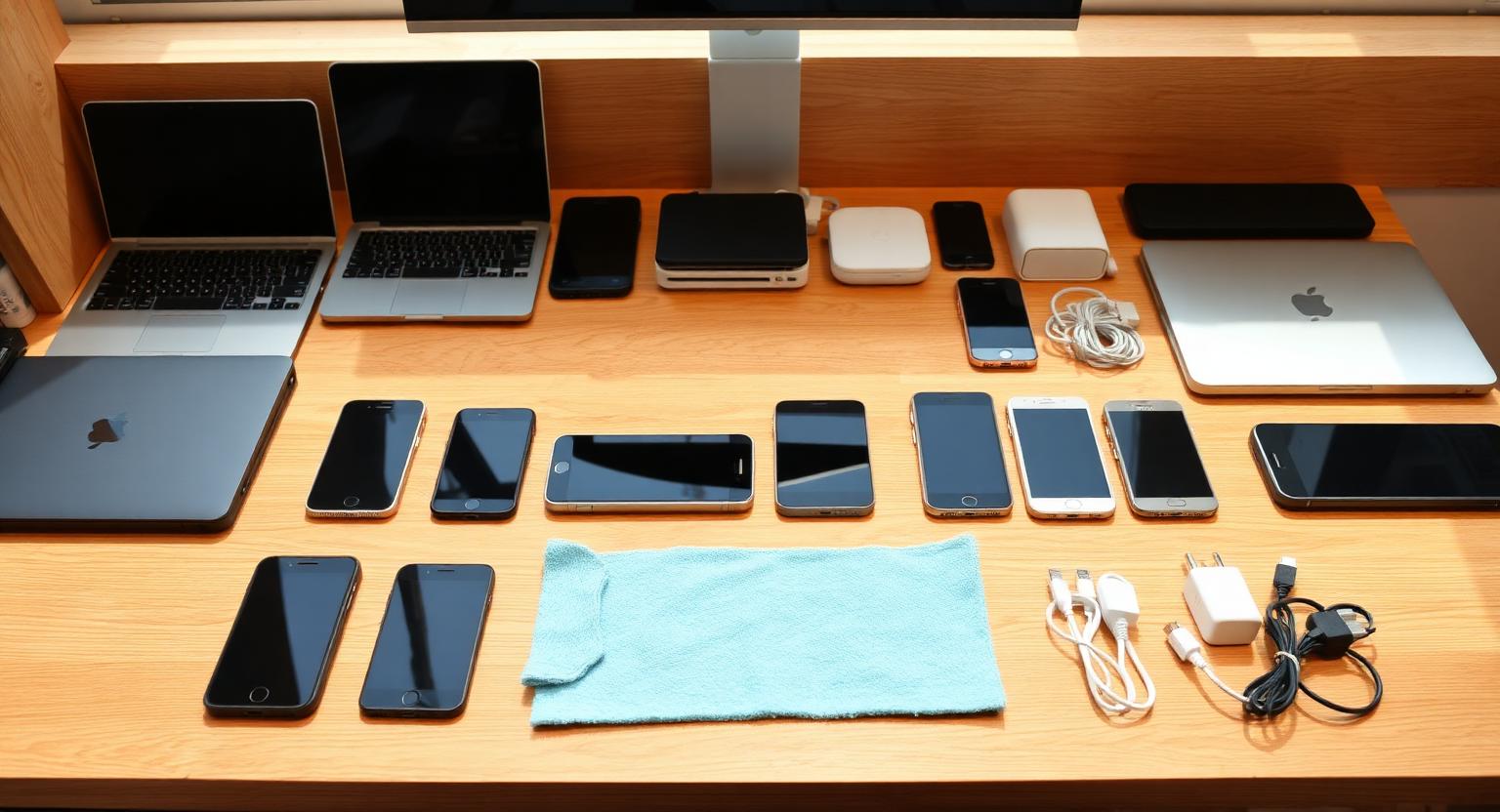 Used smartphones, a laptop and cables neatly arranged on a wooden desk for a marketplace listing.