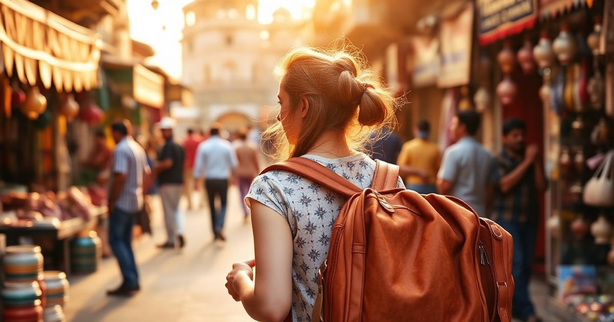 A solo female traveller with a backpack walking through a Jaipur bazaar at golden hour.