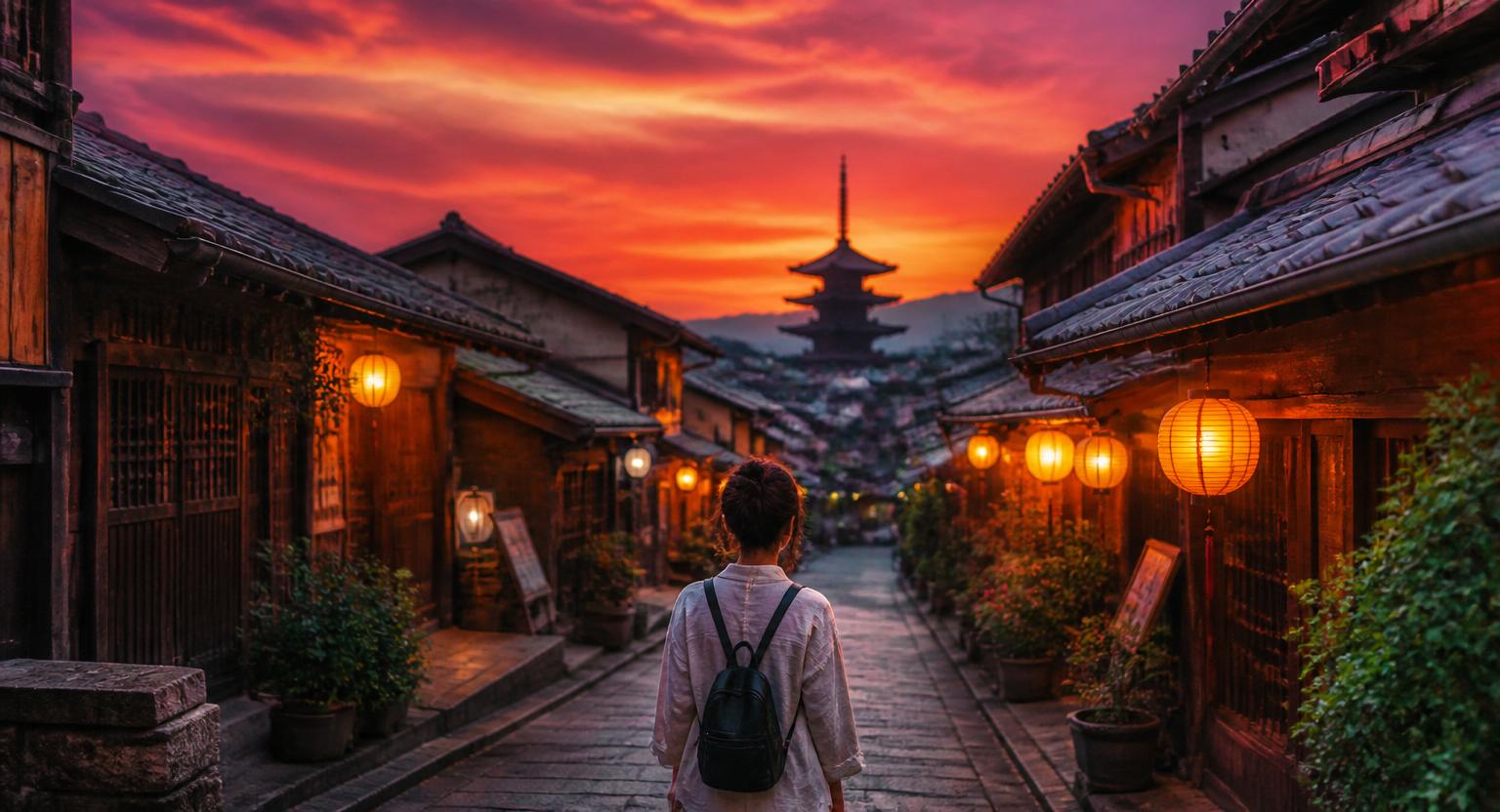 Solo traveller with a backpack walking through a colourful old-city lane at sunset.