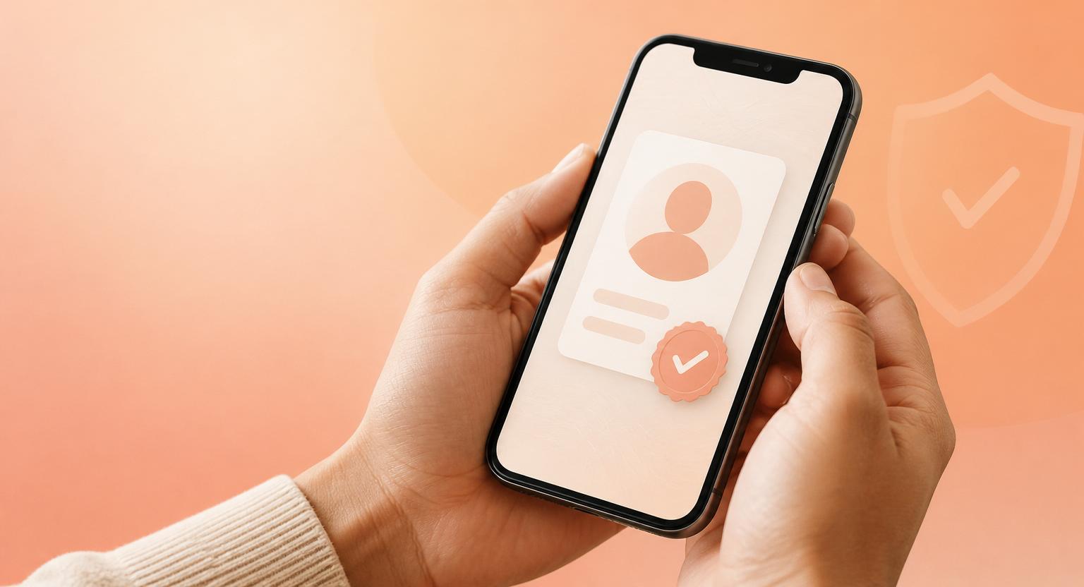 Hands holding a smartphone showing a verified profile card with a checkmark badge.