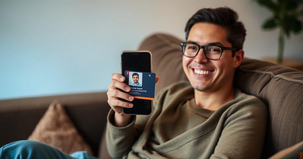 A person on a couch smiling at a phone showing a verified profile card.